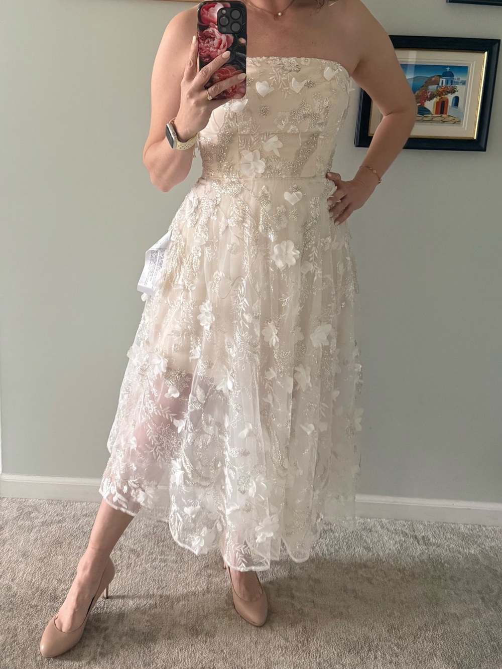 Dress the Population -  Strapless Ivory Floral Applique Midi Dress